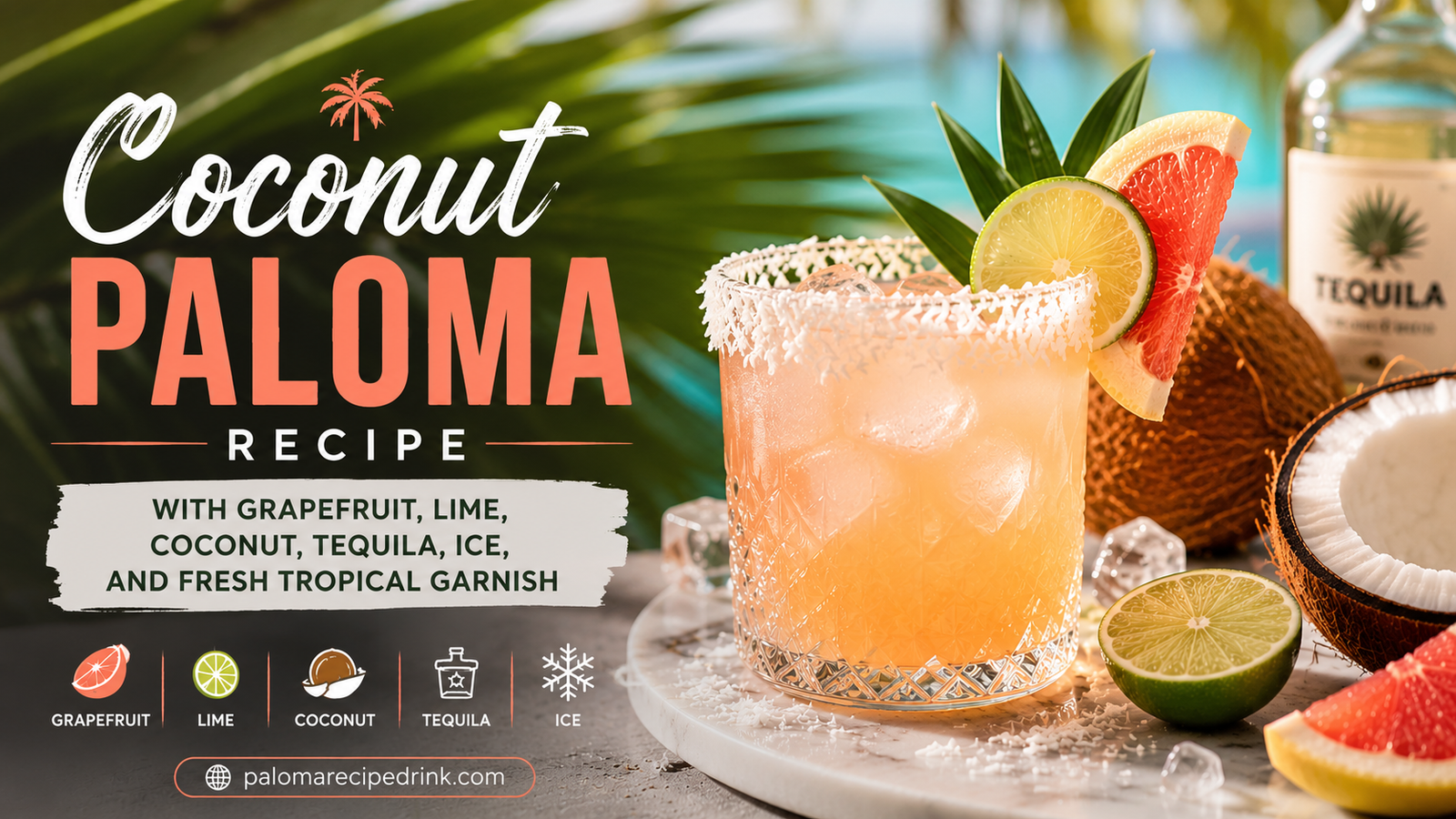 Coconut Paloma Recipe with grapefruit, lime, coconut, tequila, ice, and fresh tropical garnish